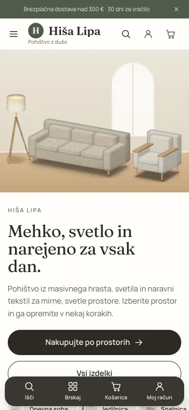 Tema Bivanje – domača stran trgovine na telefonu